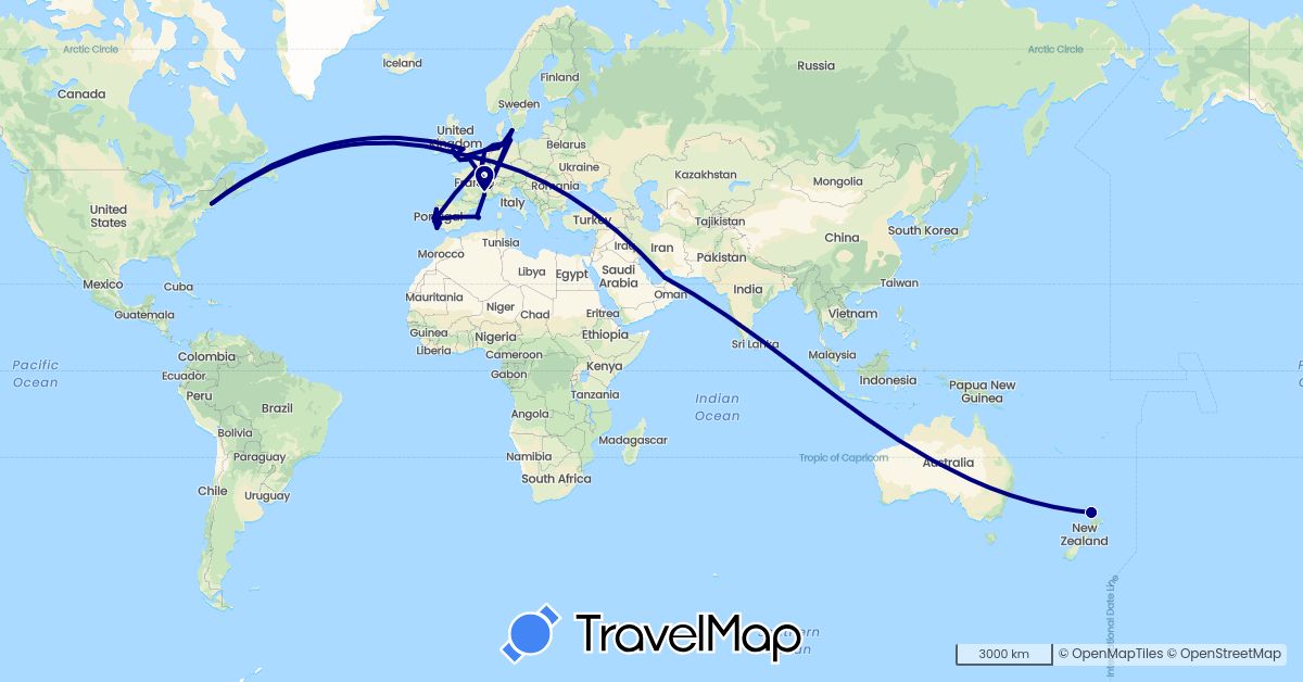 TravelMap itinerary: driving in United Arab Emirates, Belgium, Germany, Denmark, Spain, France, United Kingdom, Netherlands, New Zealand, Portugal, United States (Asia, Europe, North America, Oceania)