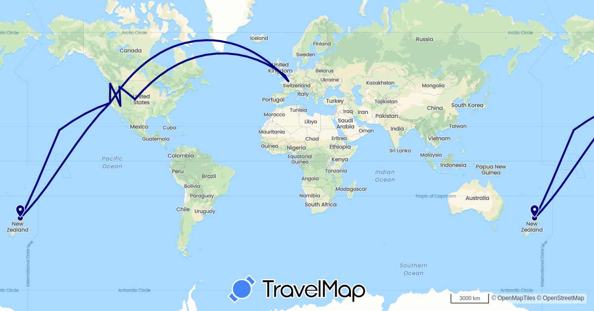 TravelMap itinerary: driving in France, United Kingdom, New Zealand, United States (Europe, North America, Oceania)